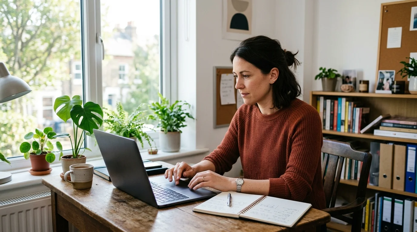 Frau am Schreibtisch prüft Informationen am Laptop